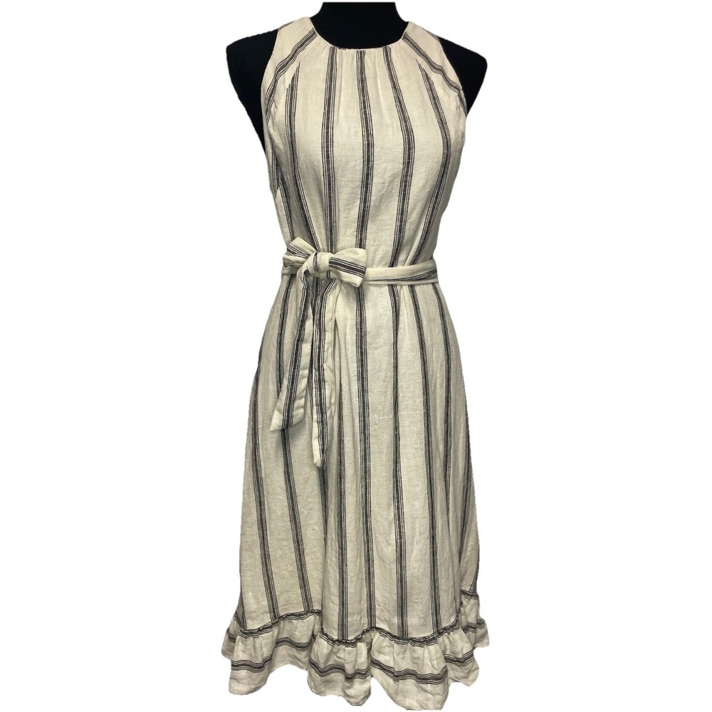 A Loves A Striped Dress Women's S Cream Black Sleeveless Chic Linen‎ Blend